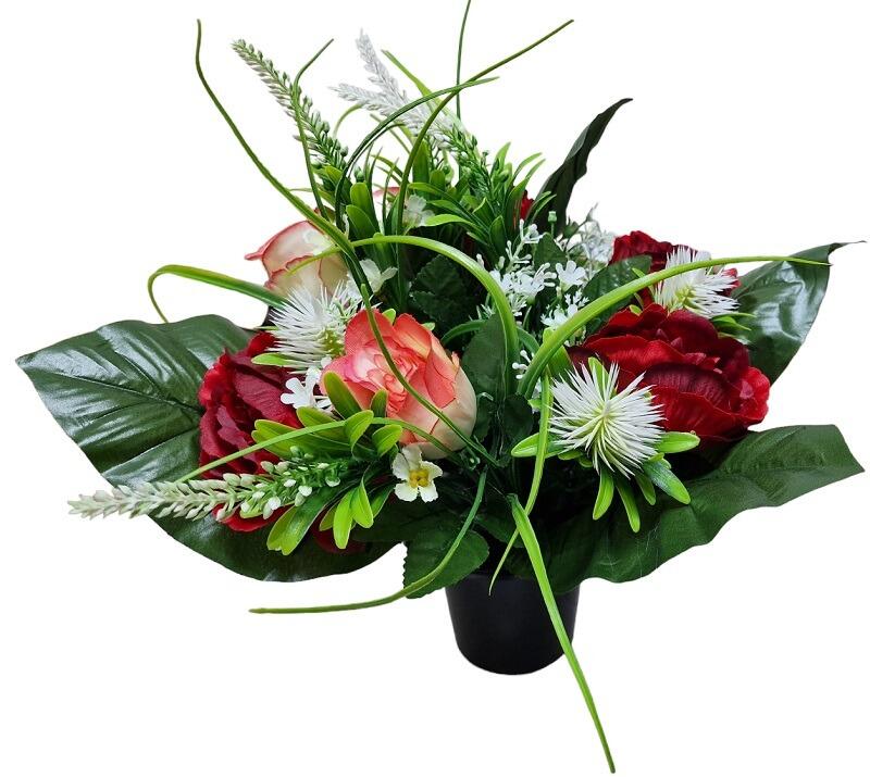 Grave Pot with Flowers Large Red Peony and Foliage Bouquet