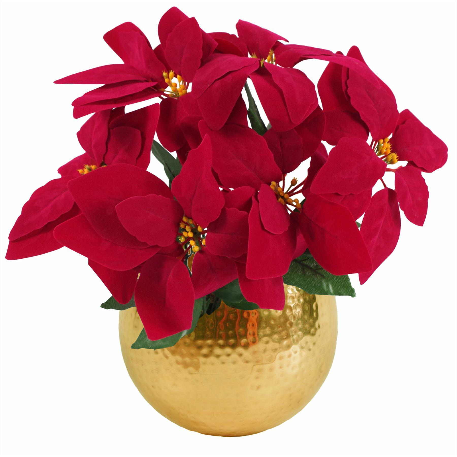 Artificial Christmas Xmas Red Poinsettia 40cm Gold Curved  Metal Planter