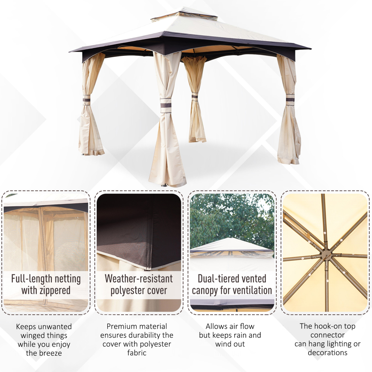2-Tier Roof Gazebo Steel Frame Mesh Sidewalls
