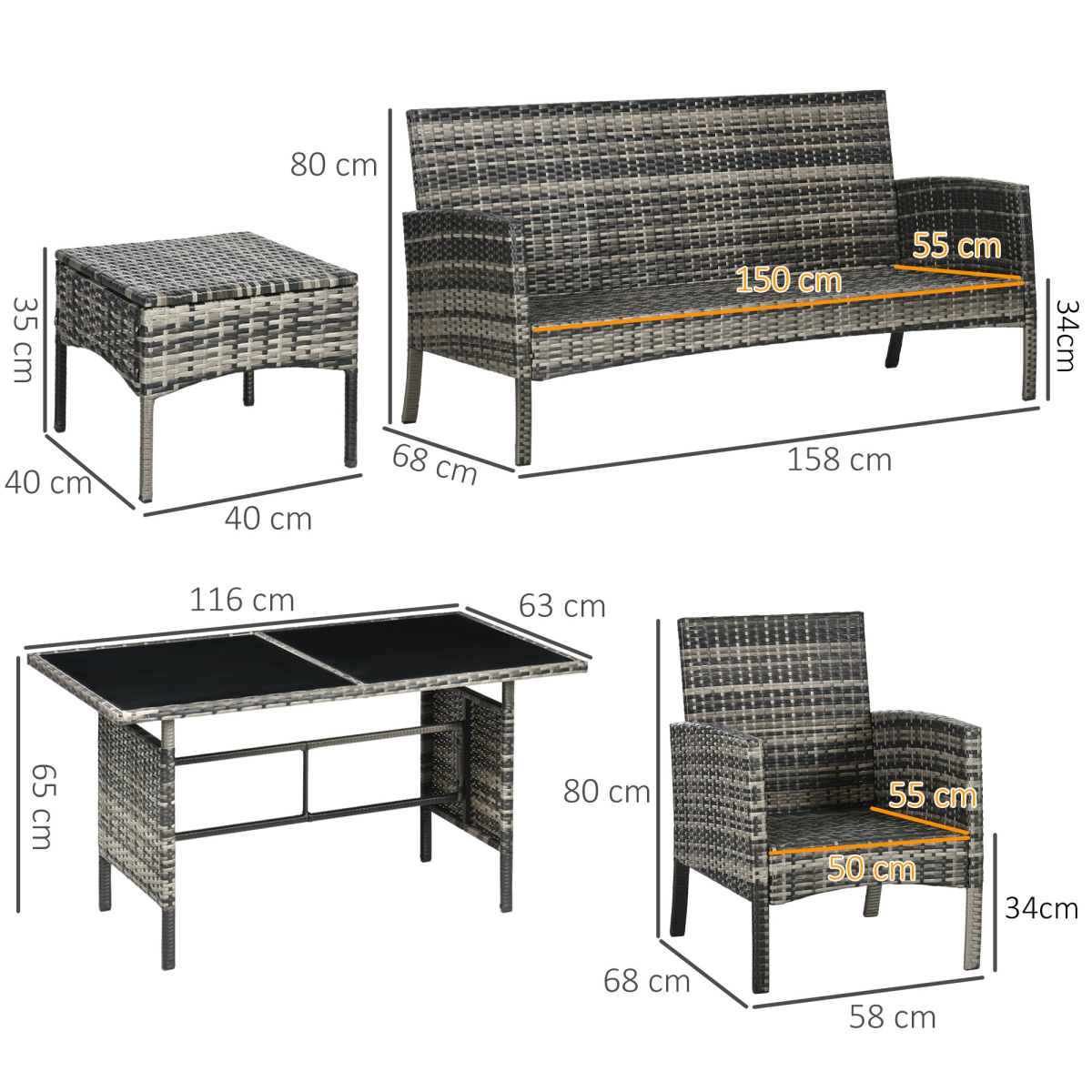 outsunny rattan garden furniture sofa set, 2 armchairs