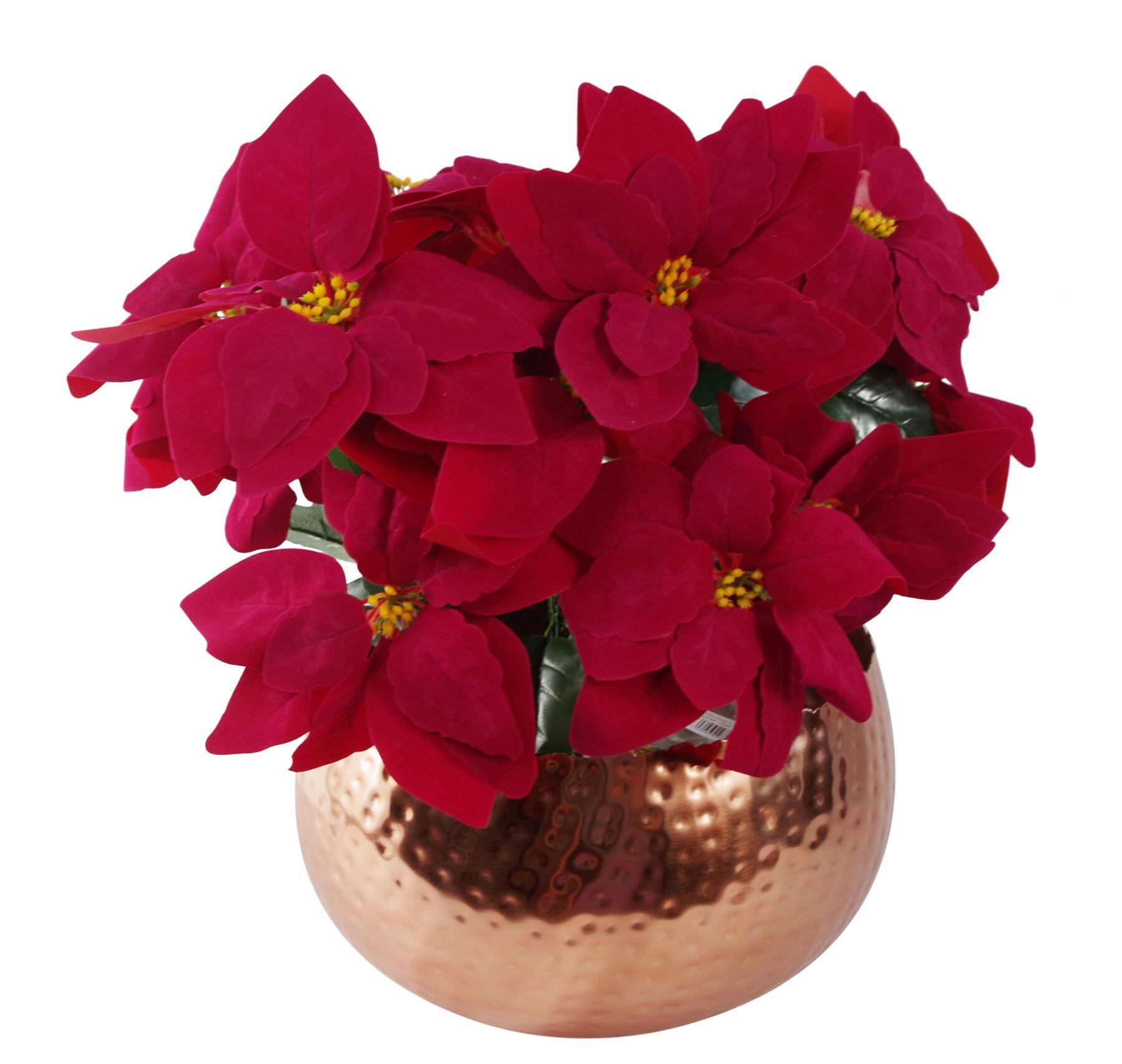 image of artificial christmas xmas poinsettias copper curve large metal planter