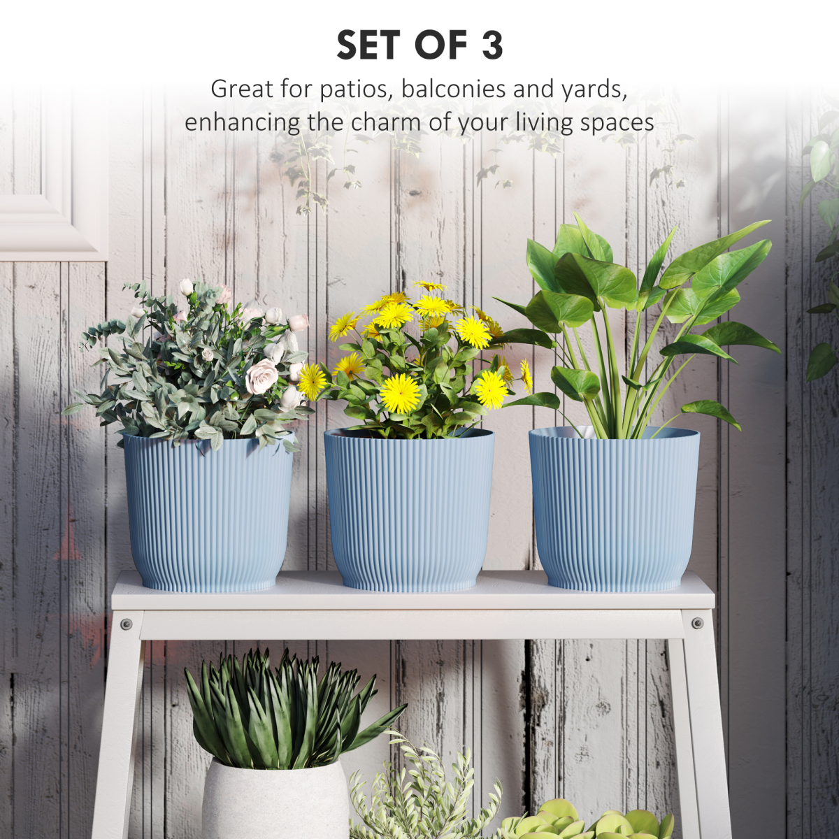 close-up of plant pots outdoor 22cm for garden decoration, blue details