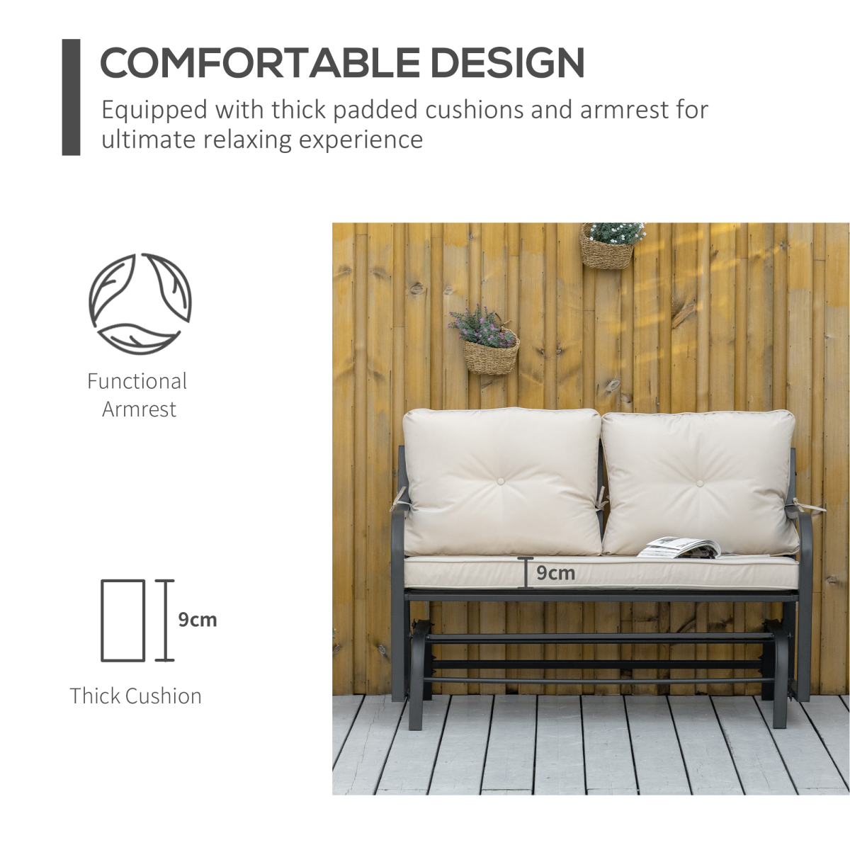 Additional view of 2-person rocking chair with armrest & weather resistant cushions, khaki
