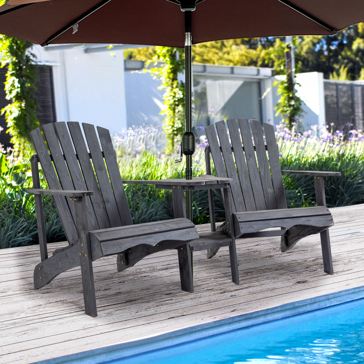 sturdy wooden wooden double adirondack chairs & centre table & umbrella hole, grey with treated finish