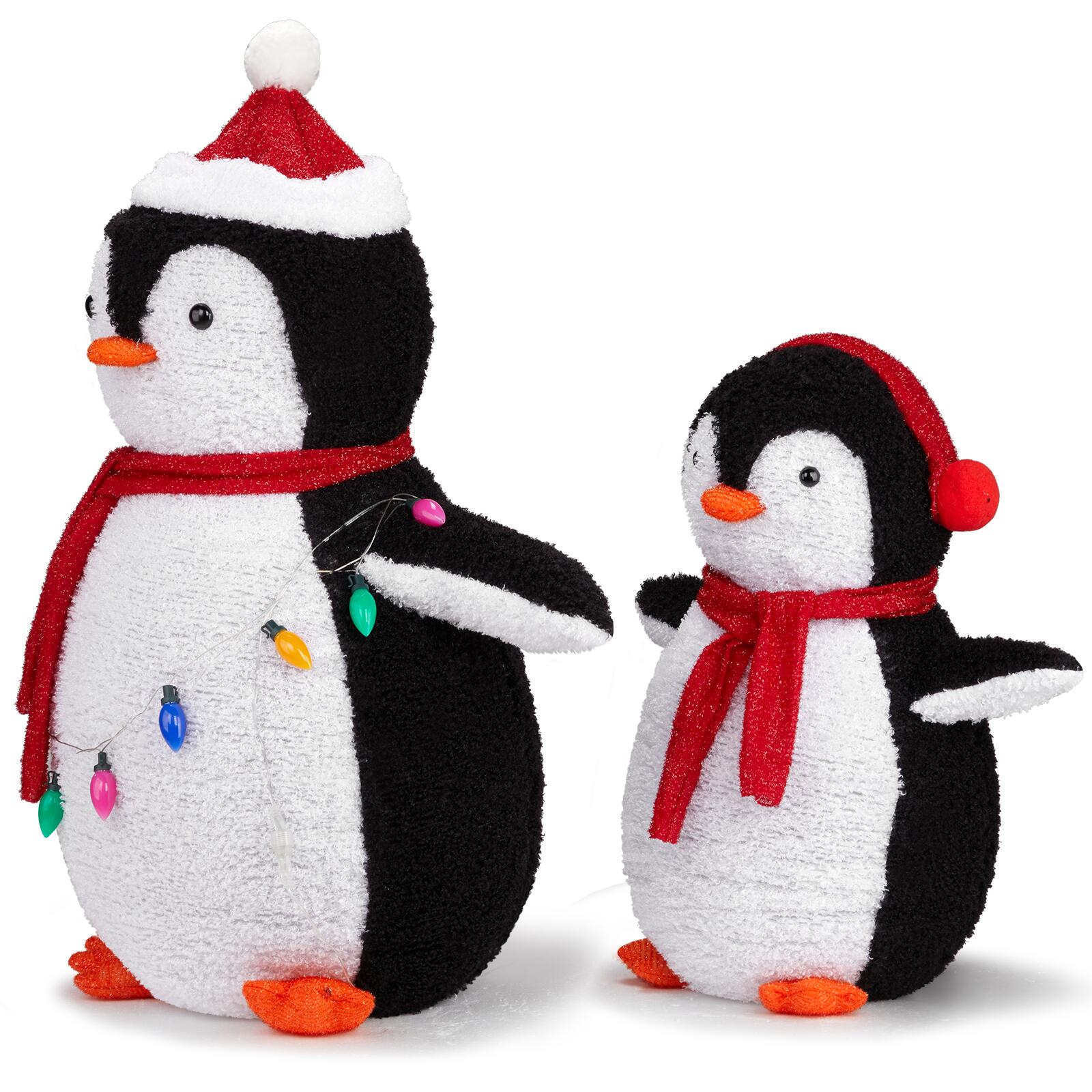 2-Piece Lighted Plush Penguins Christmas, Set of 2 Pre-lit Pull Up Penguins