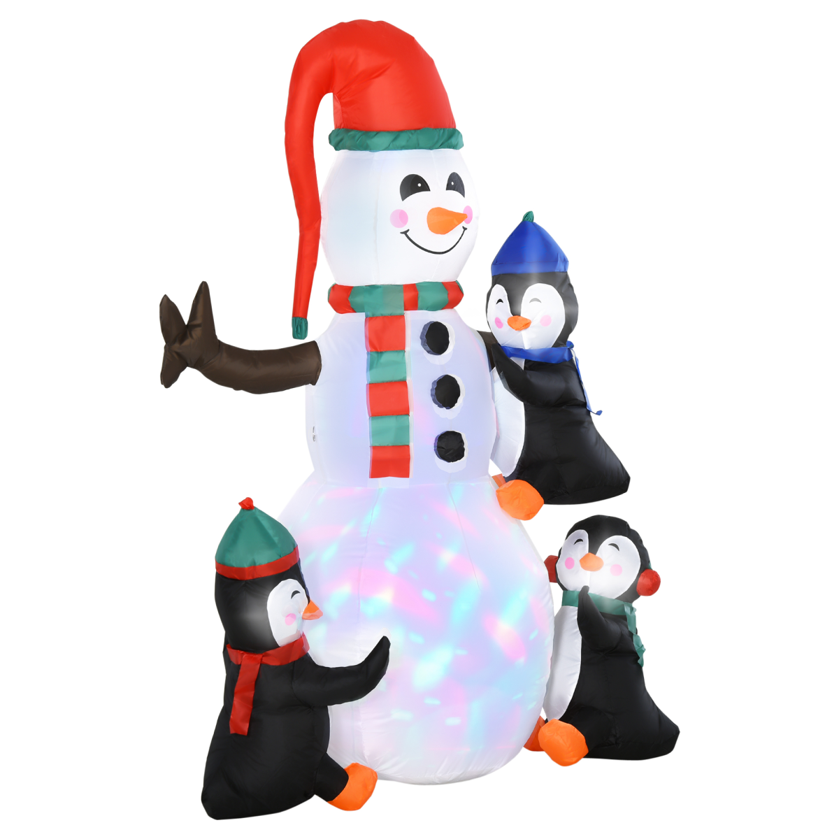 Lifestyle photo featuring 6ft Inflatable Christmas Snowman with Three Penguins LED Outdoor Yard Deco in everyday use.