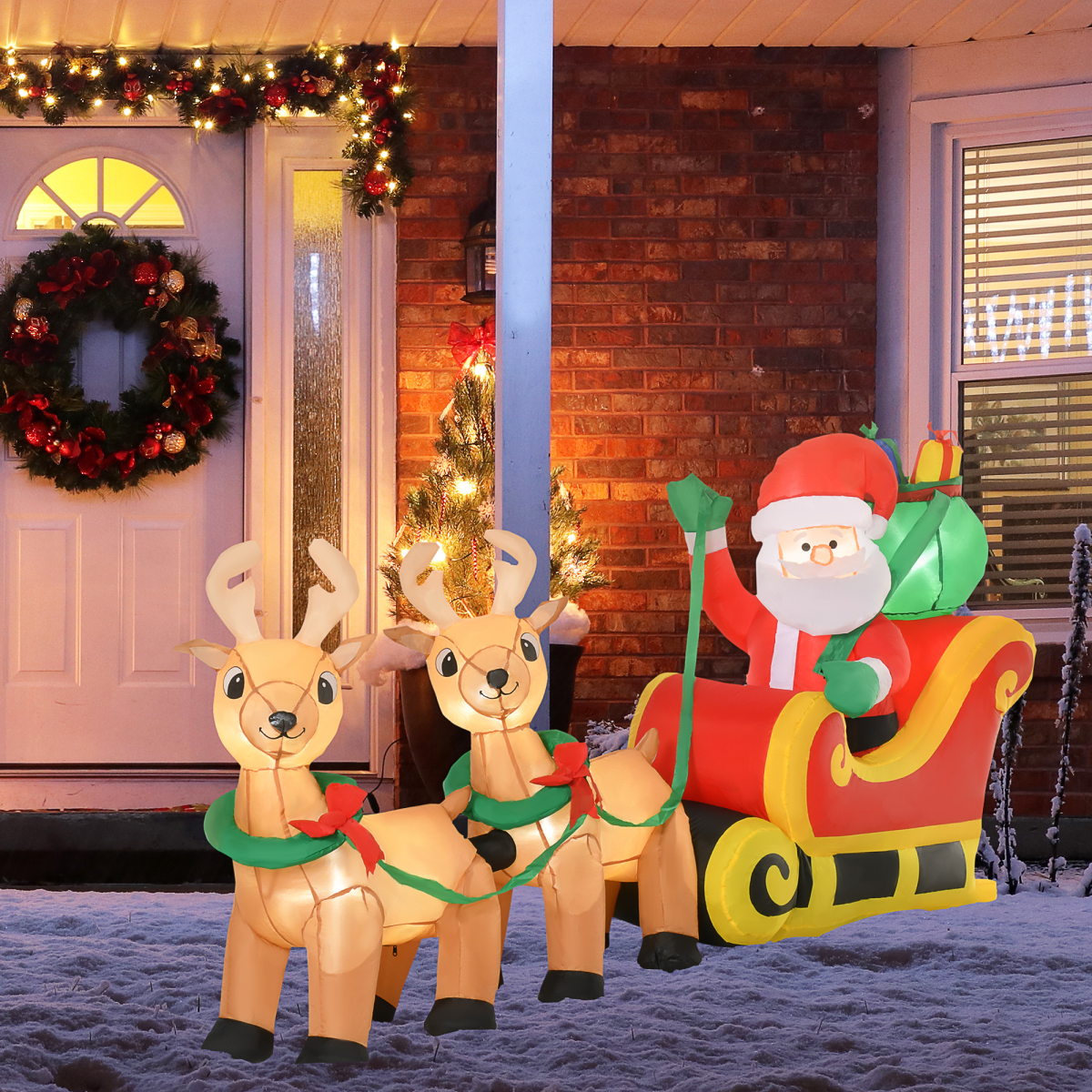Studio photo of 3.5ft Christmas Inflatable Santa Claus on Sleigh, LED Indoor Outdoor, angled view.