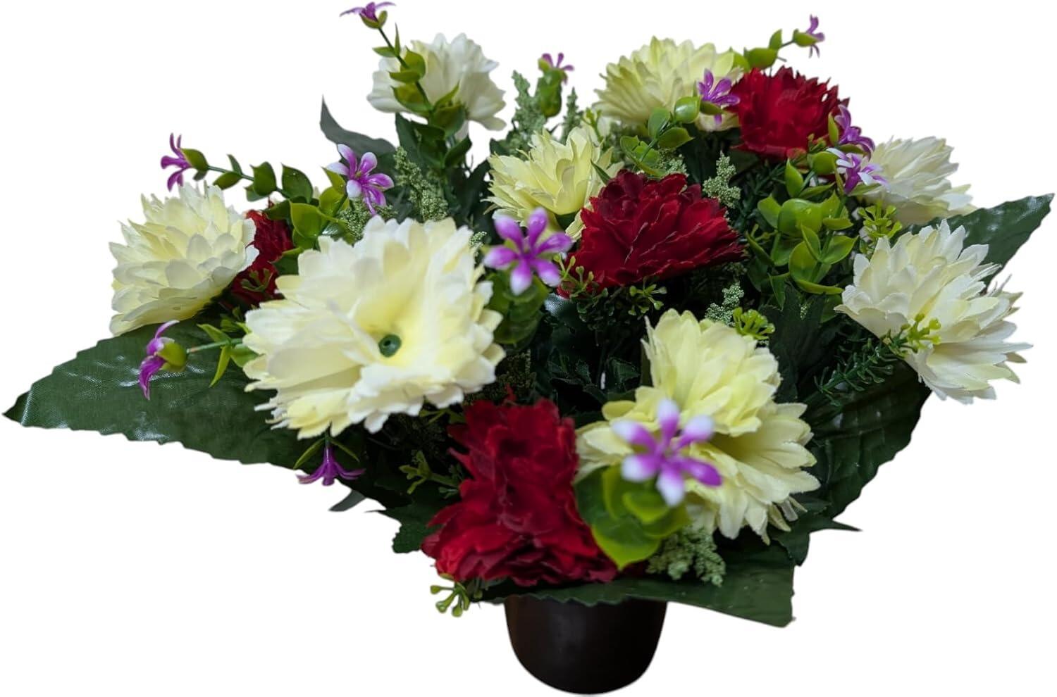 grave vase pot with artificial chrysanthemum flowers red white