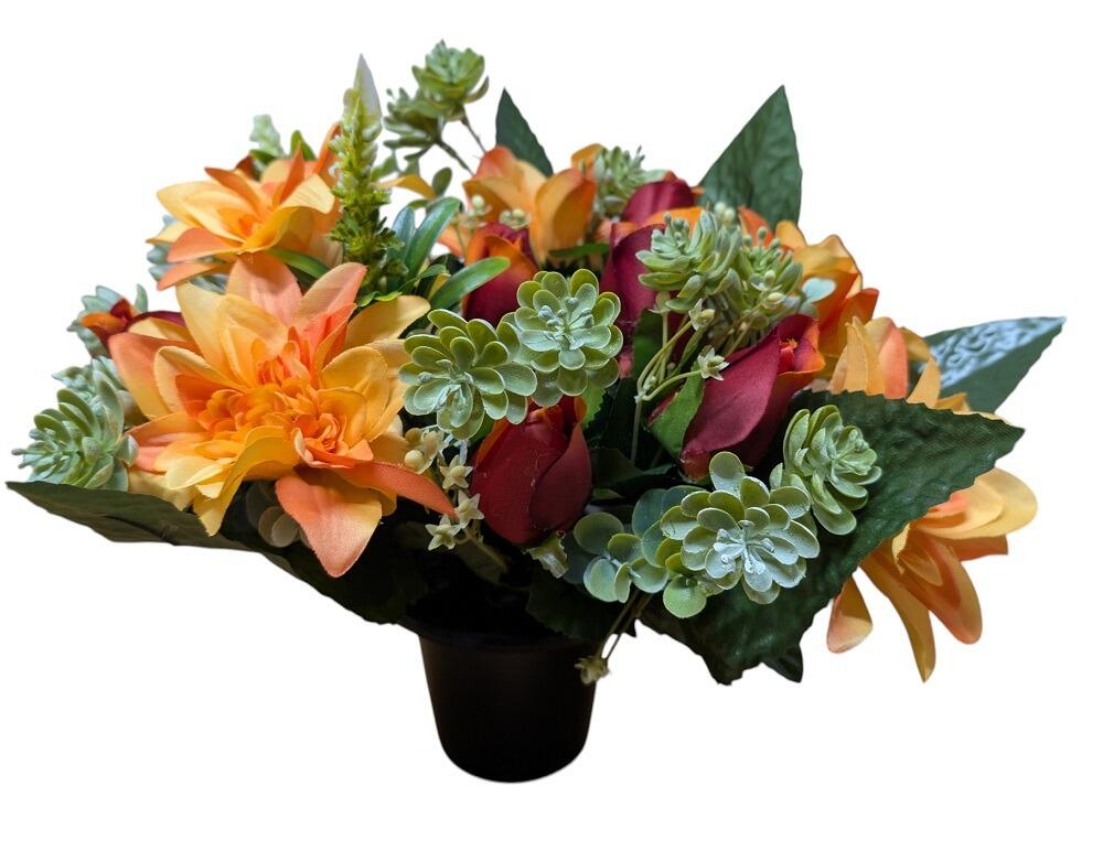 Artificial Grave Flower Pot Dahlia and Rosebud Mix Orange red