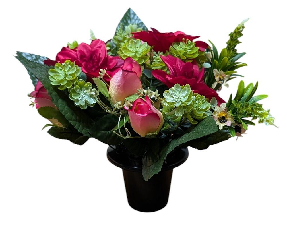 Artificial Grave Flower Pot Cerise and Pink Rose and Dahlias