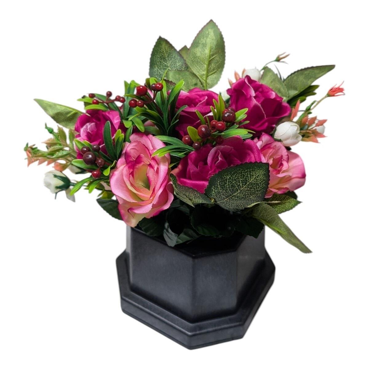 Artificial Grave Flowers in Memorial Base - Pink Rose, Foliage and Berry Mix