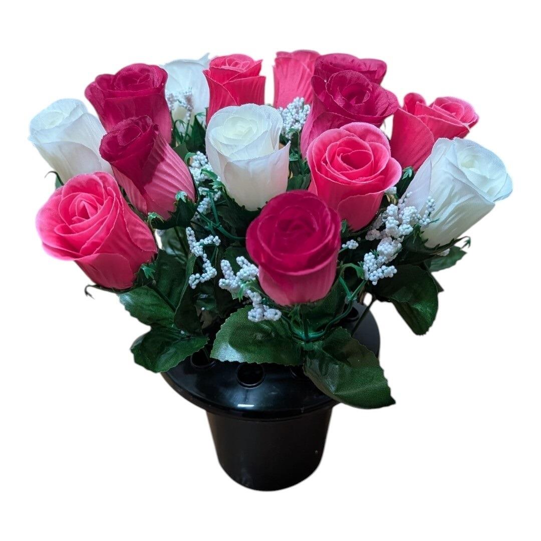 Weighted Grave Pot with Artificial Rosebud Flowers Cerise Pink and Ivory