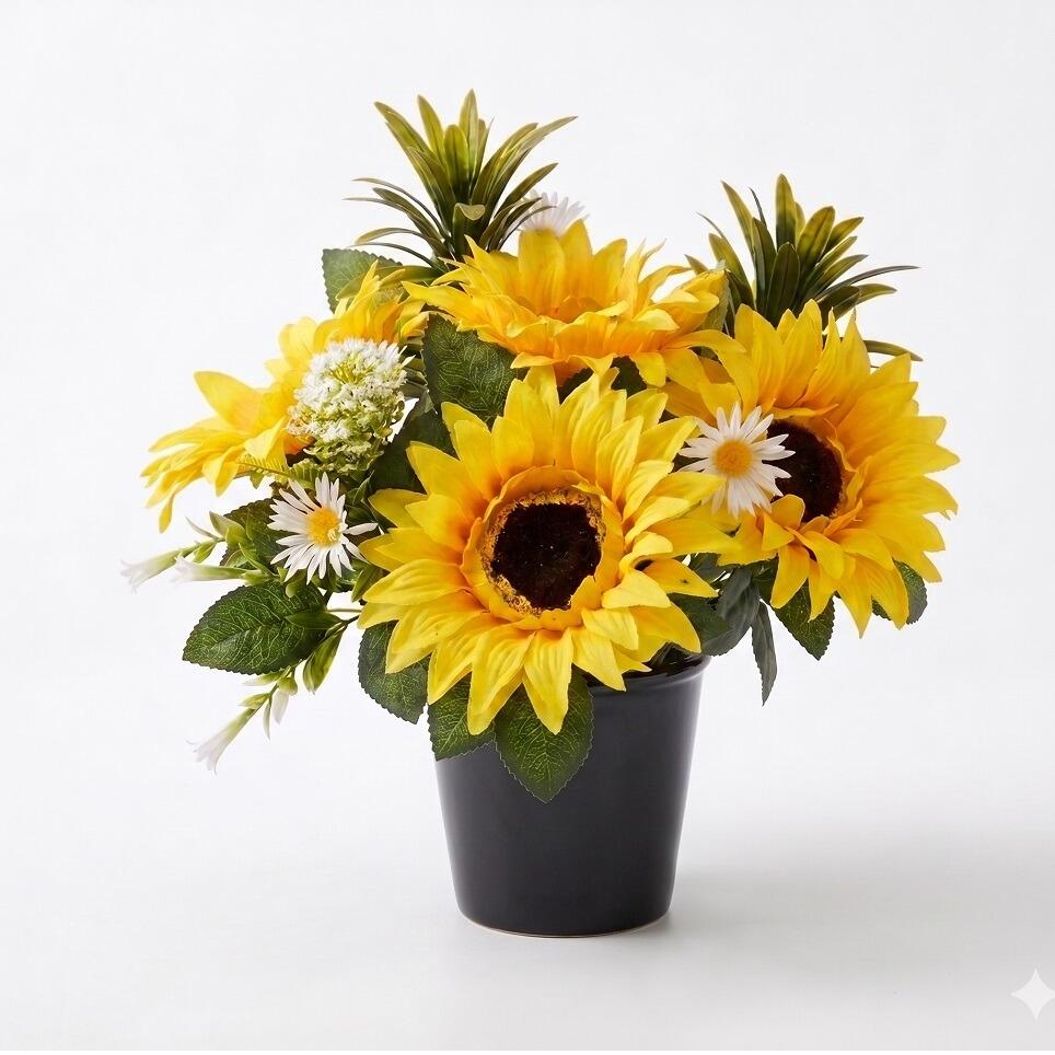 cemetery grave vase pot flowers yellow sunflower artificial