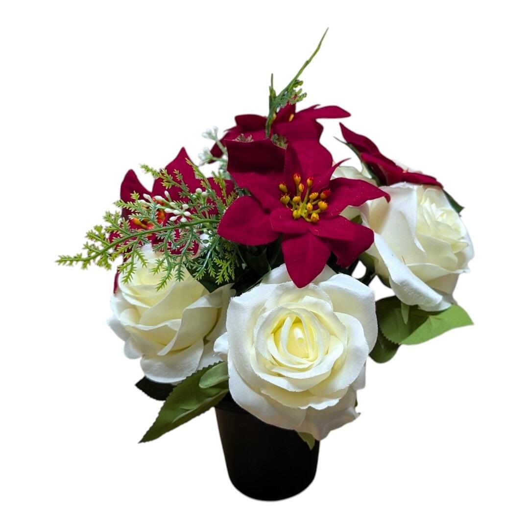 Memorial Grave Pot with Artificial Christmas Flowers Red Poinsettia and Ivory Roses