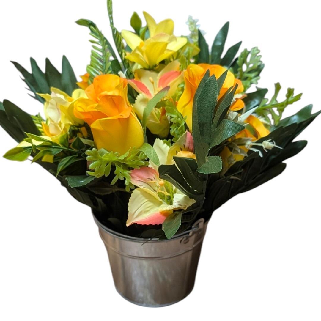 Flower Pot Table Centrepiece Yellow Rose Lily Mix 28cm