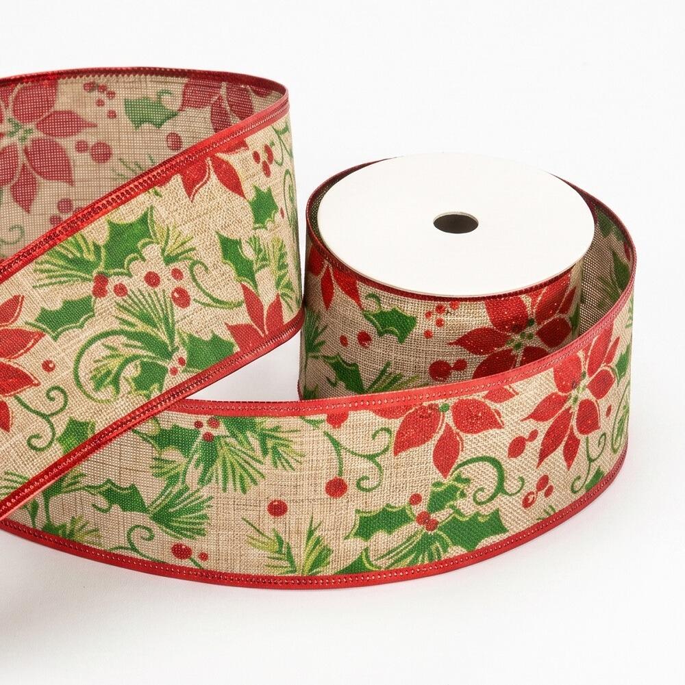 christmas wired ribbon with edge red poinsettia full roll