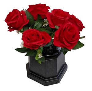 red roses cemetery pot with artificial flowers base