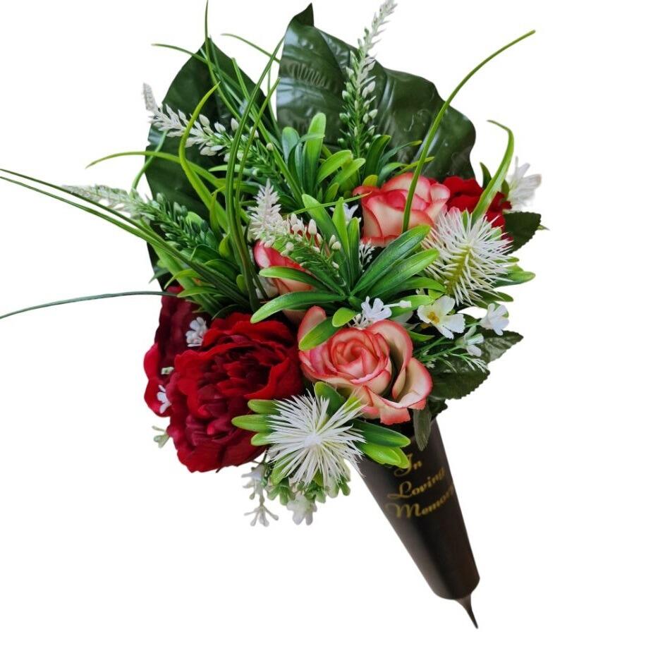 spiked grave vase for graves with red pink flowers artificial