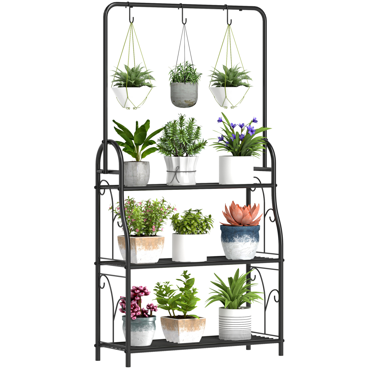 3 Tier Plant Stand with Hanging Hooks for Balcony Living Room, Black