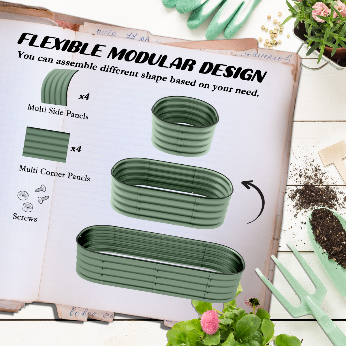 Galvanised Raised Garden Bed Planter Box, Green