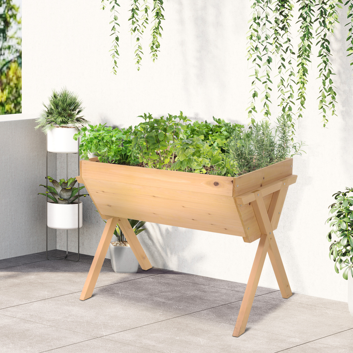 Large Fir Wood Raised Plant Stand Oak Tone