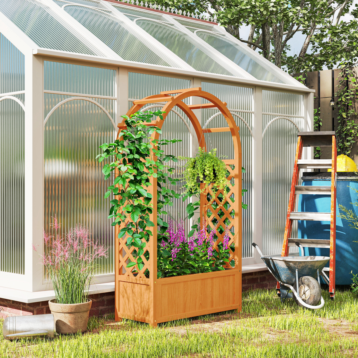 Wooden Raised Garden Bed, Trellis Planter