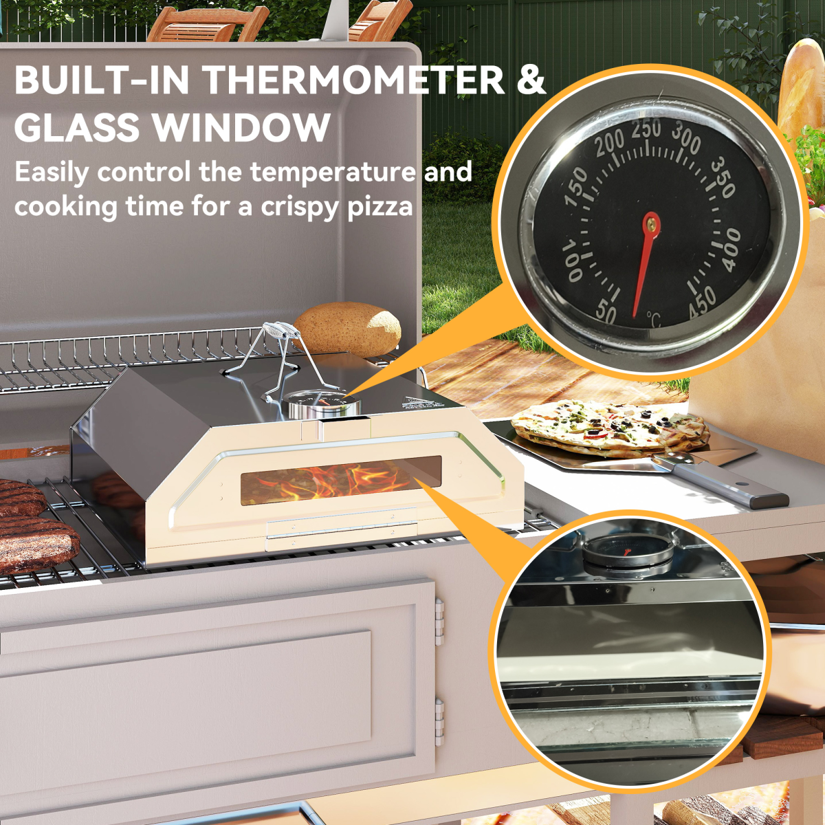 Outdoor BBQ Pizza Oven with Thermometer