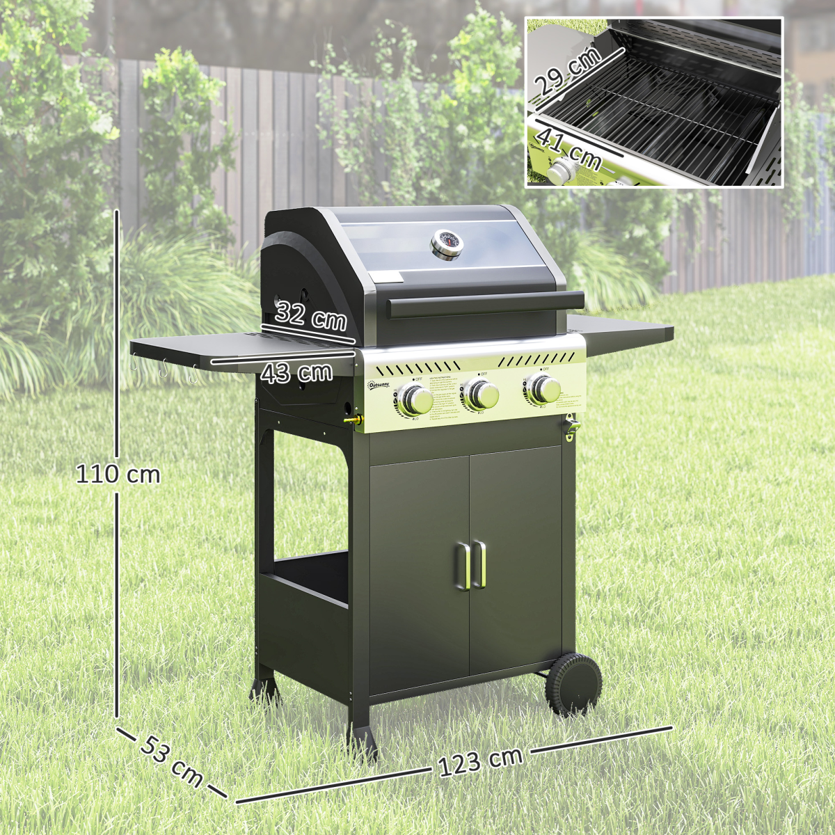 3 Burner Propane Gas BBQ Grill, See-through Lid and Thermometer