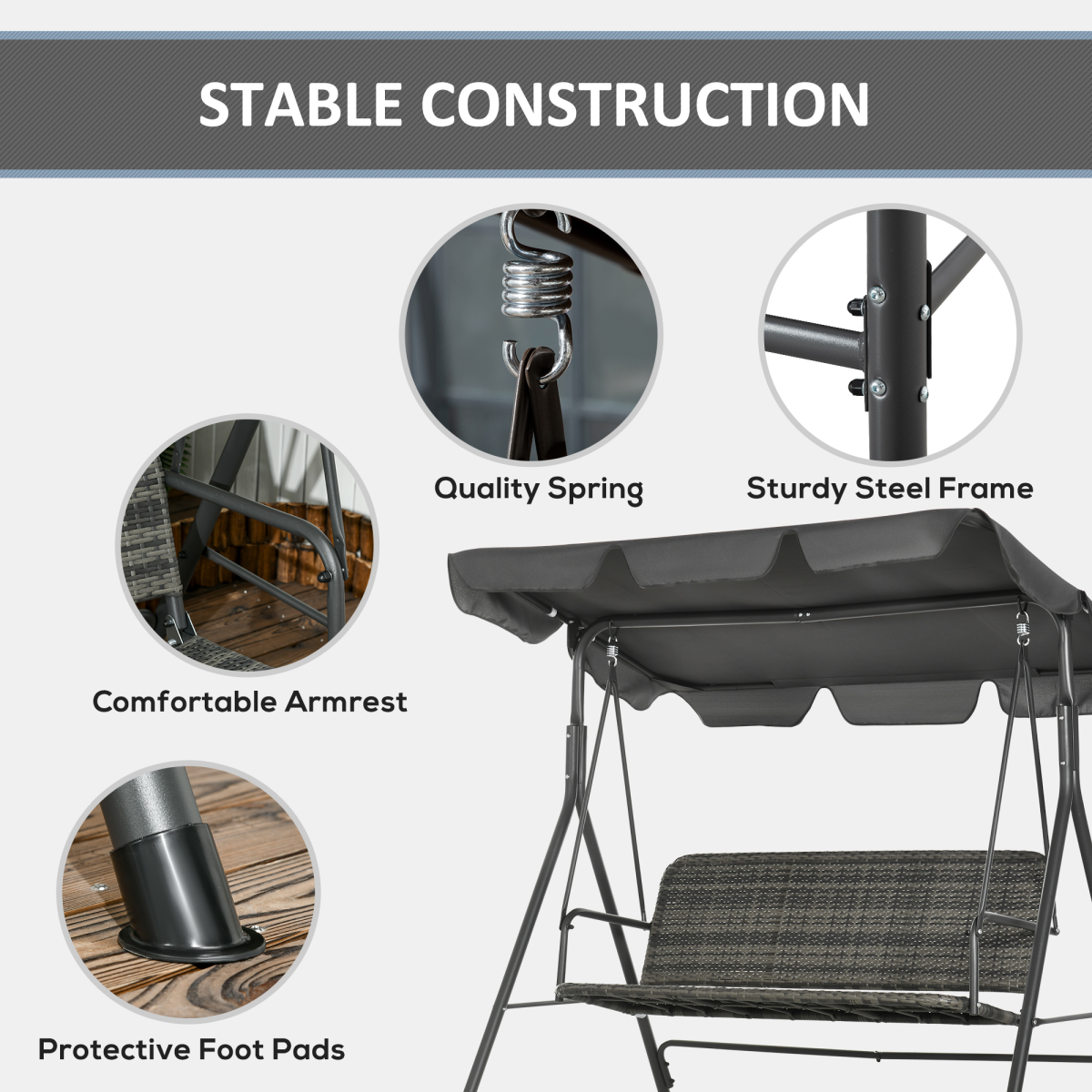 3-person Garden Rattan Swing Chair, Hanging Bench