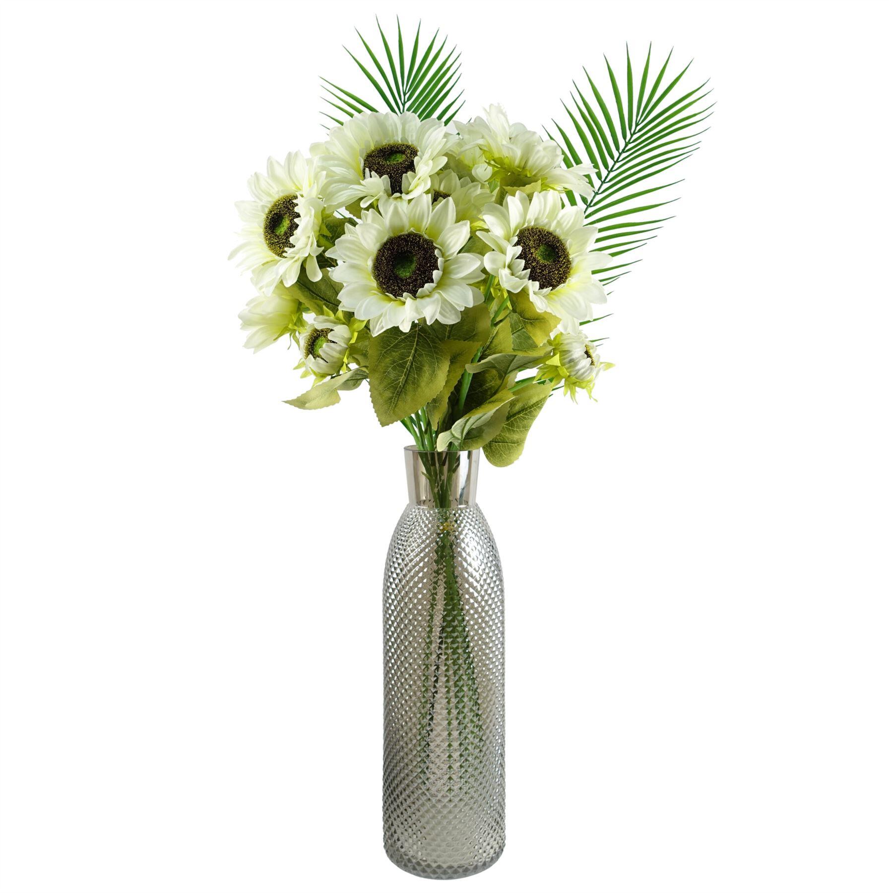 image of 100cm white artificial sunflower arrangement glass vase