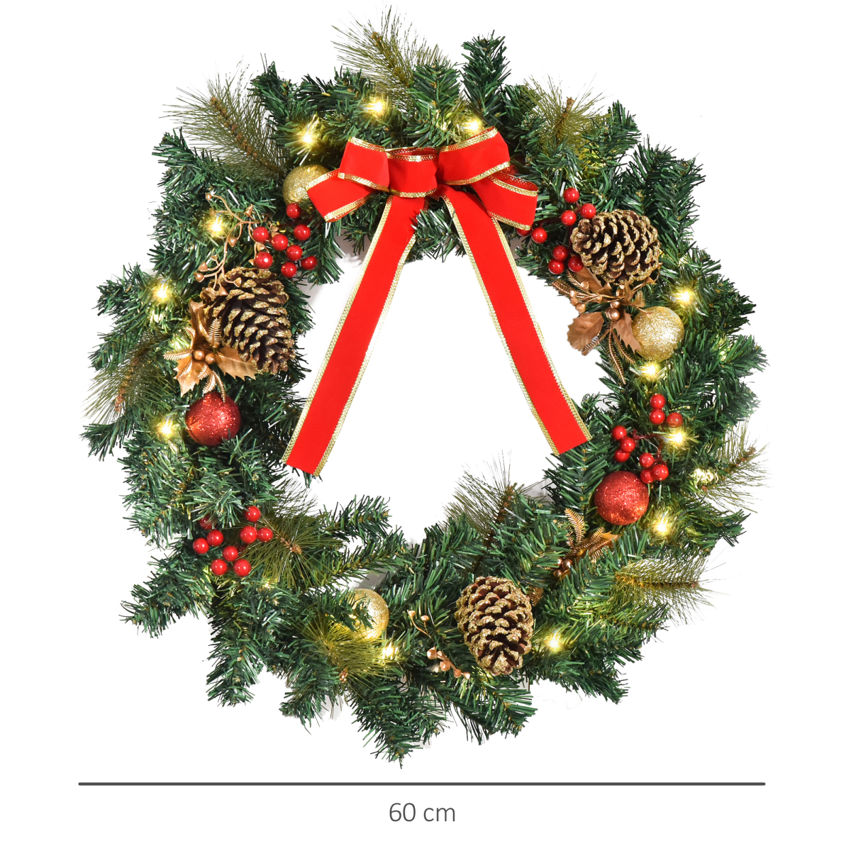 60cm Pre-Lit Artificial Christmas Door Wreath Holly LED Decor Pine Cones Hanging