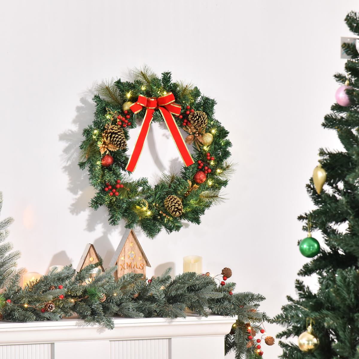 60cm Pre-Lit Artificial Christmas Door Wreath Holly LED Decor Pine Cones Hanging