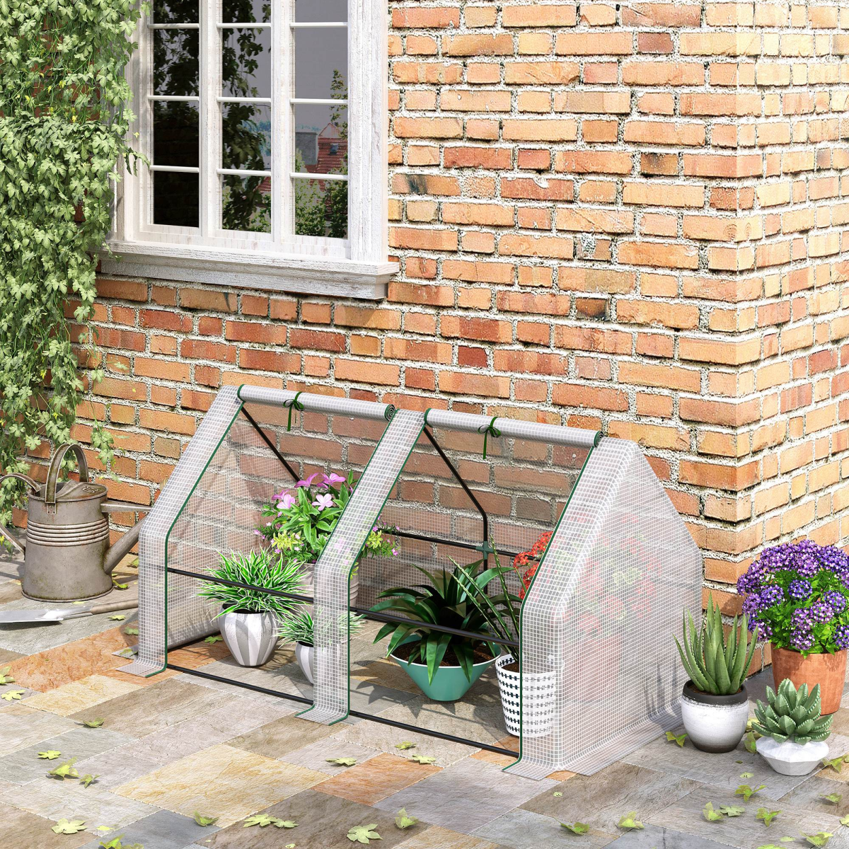 photo of mini small greenhouse poly tunnel steeple for plants vegetables white on display