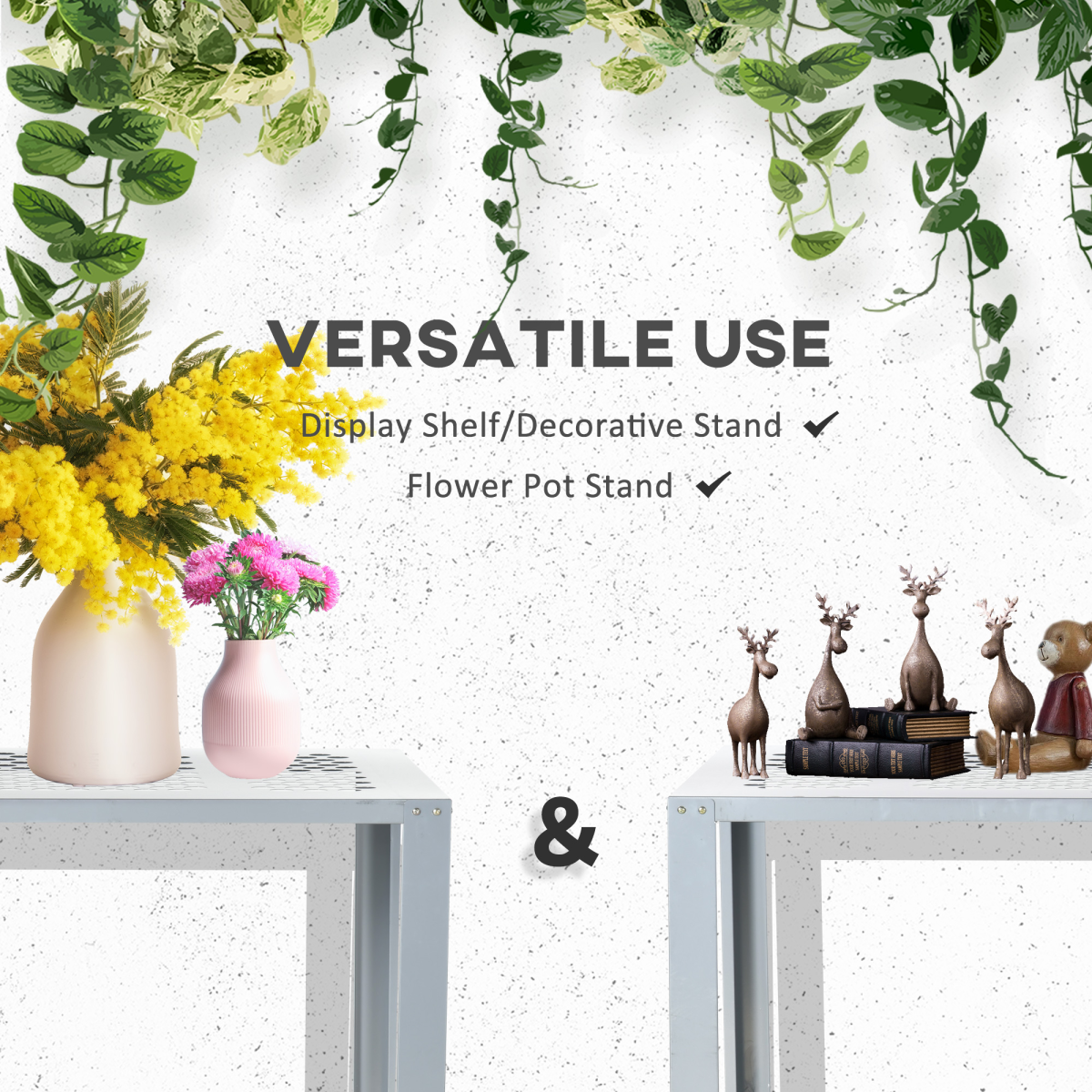example of 2-tier plant stand storage organizer steel display shelf for patio in a setting