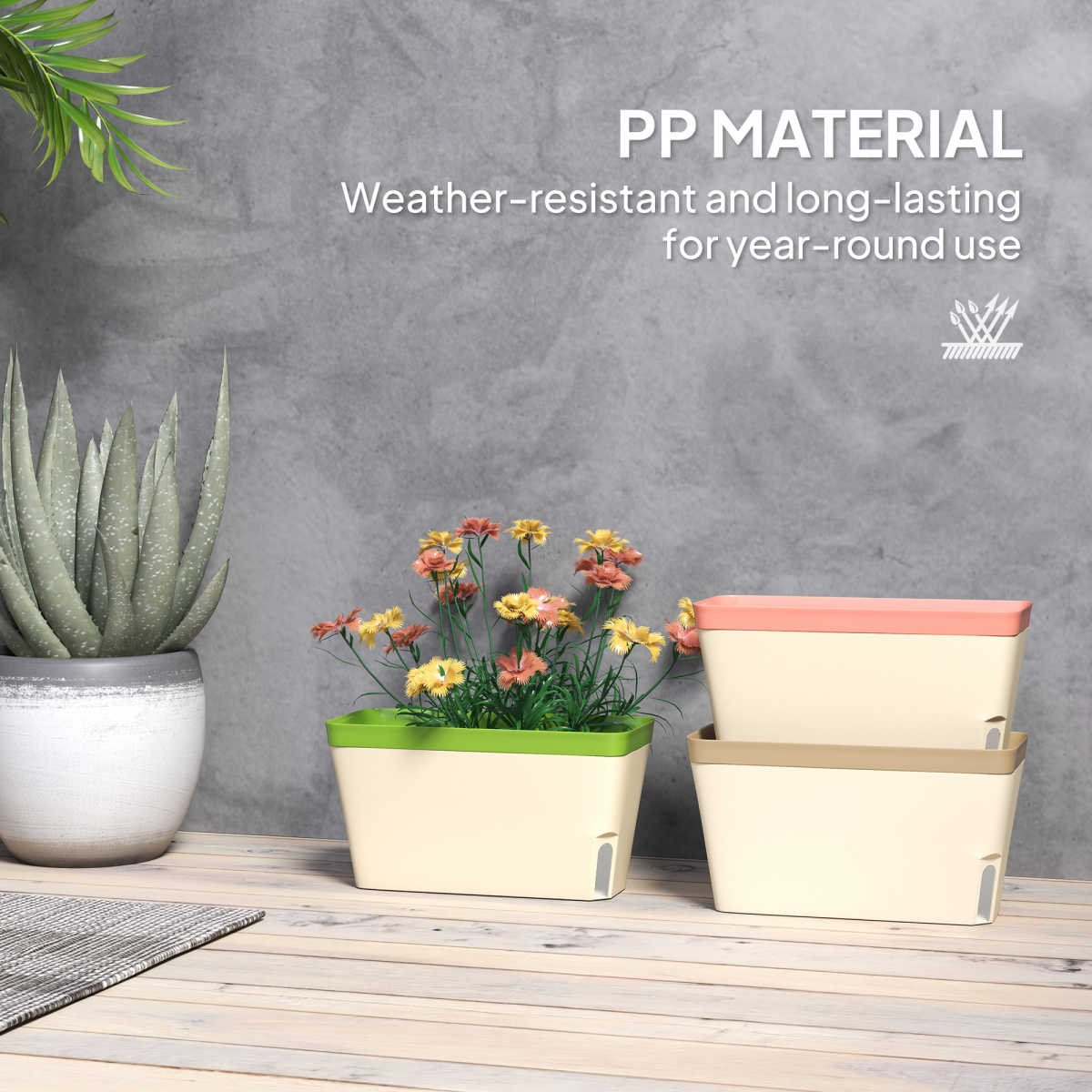 lifestyle shot of outsunny 3 pcs self watering plant pots w/ visual water level window