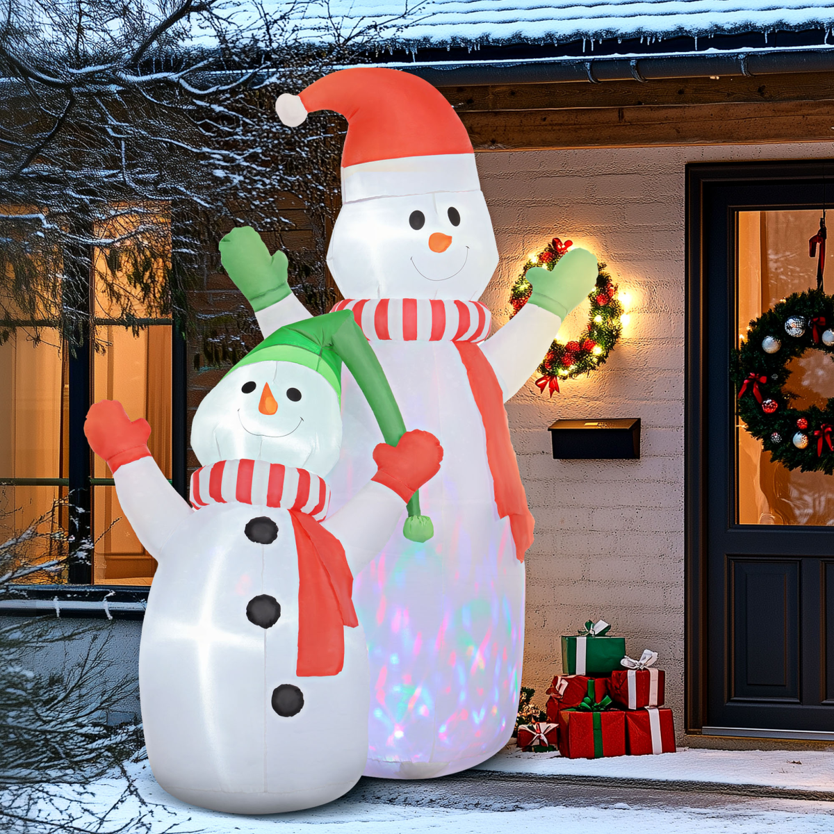 lifestyle shot of outsunny 8ft christmas inflatable snowman with rotating colorful led light