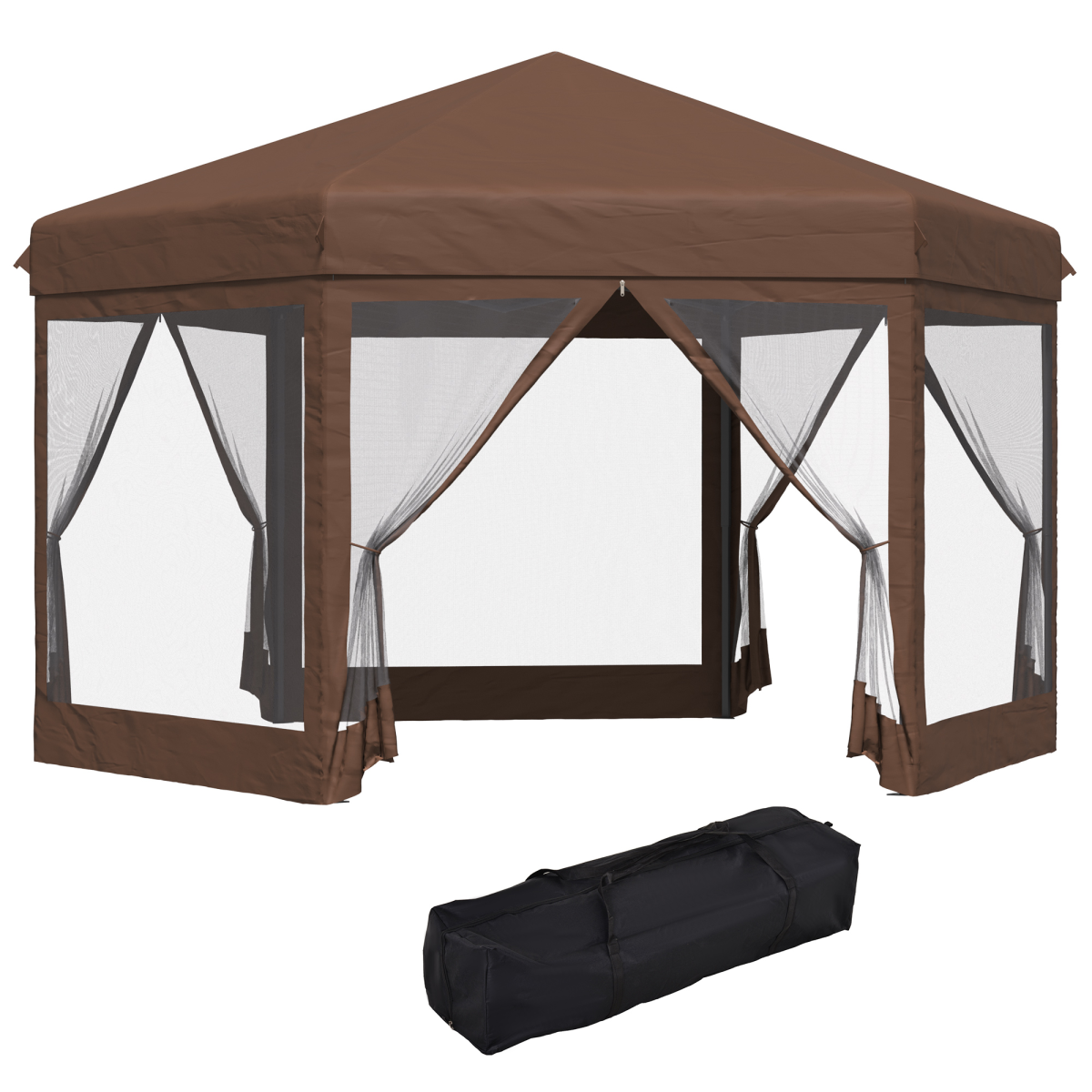 image showing hexagonal garden gazebo shelter adjustable with mosquito net brown