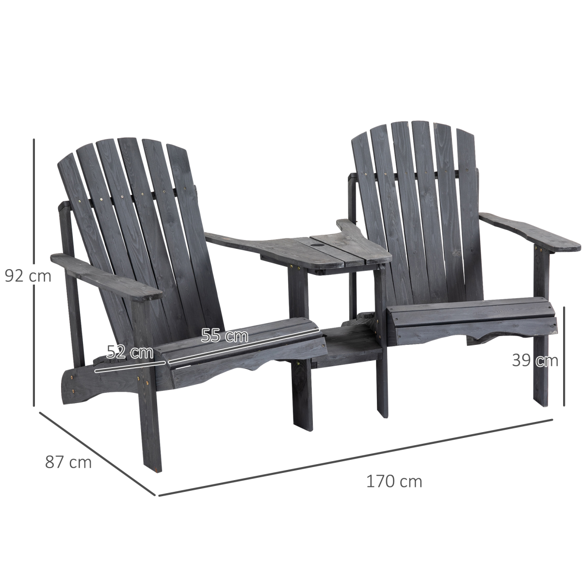 wooden double adirondack chairs & centre table & umbrella hole, grey crafted for outdoor dining and BBQs