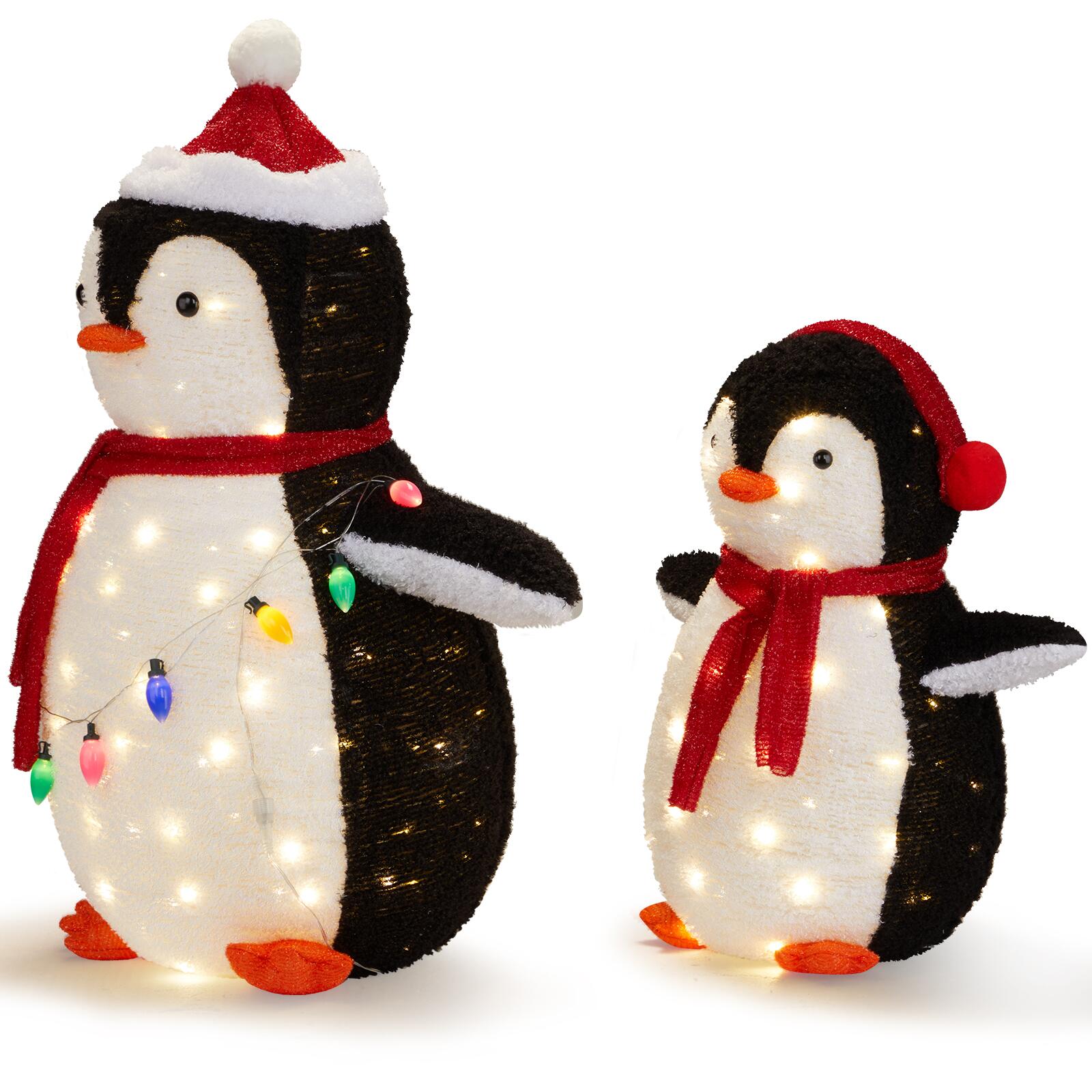 2-Piece Lighted Plush Penguins Christmas, Set of 2 Pre-lit Pull Up Penguins