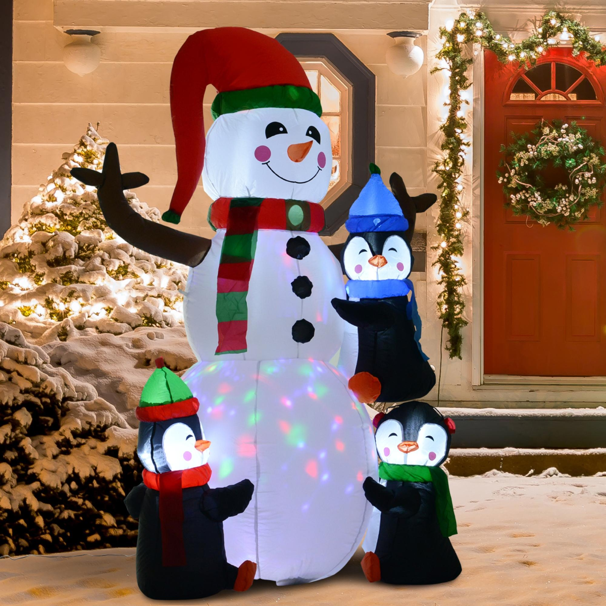 Detailed image of 6ft Inflatable Christmas Snowman with Three Penguins LED Outdoor Yard Deco, highlighting build and finish.