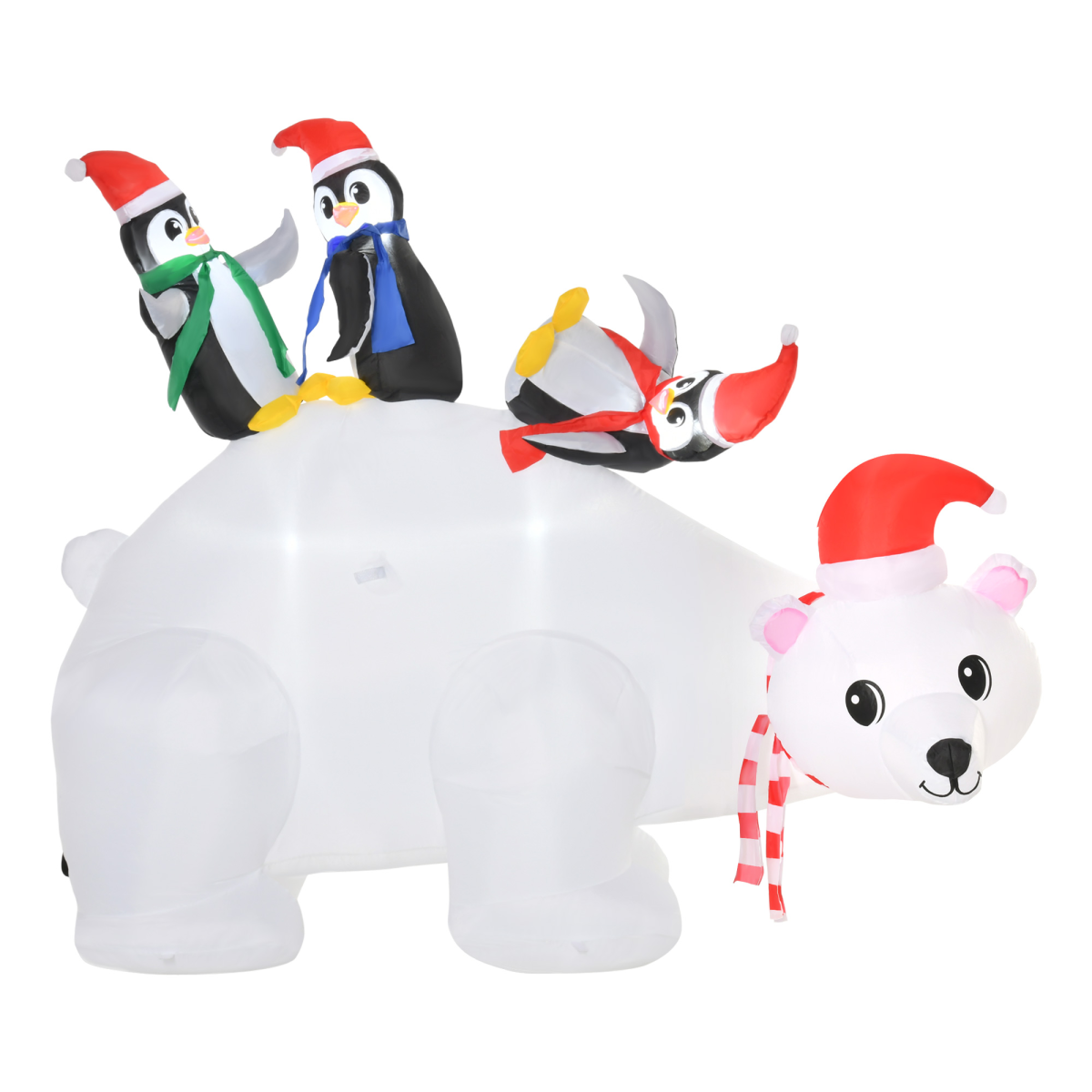 Close-up picture of 5ft Outdoor Christmas Inflatable with LED Light, Polar Bear Three Penguins on a clean background.