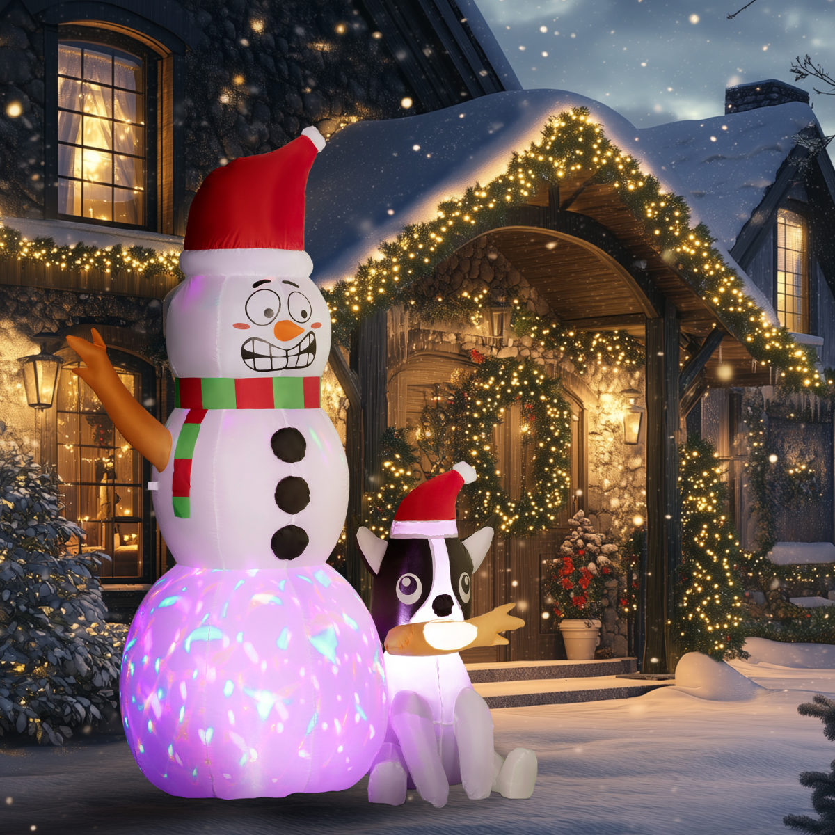 Studio photo of 6.2FT Christmas Blow Up Snowman with Dog for Garden, angled view.