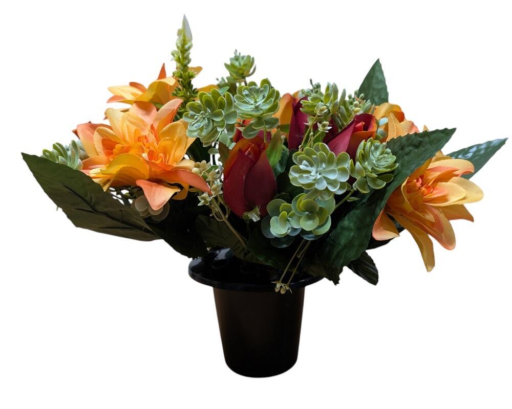 Artificial Grave Flower Pot Dahlia and Rosebud Mix Orange red