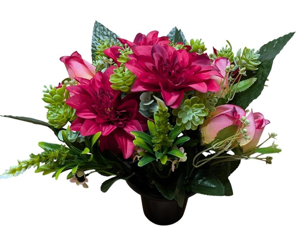 Artificial Grave Flower Pot Cerise and Pink Rose and Dahlias