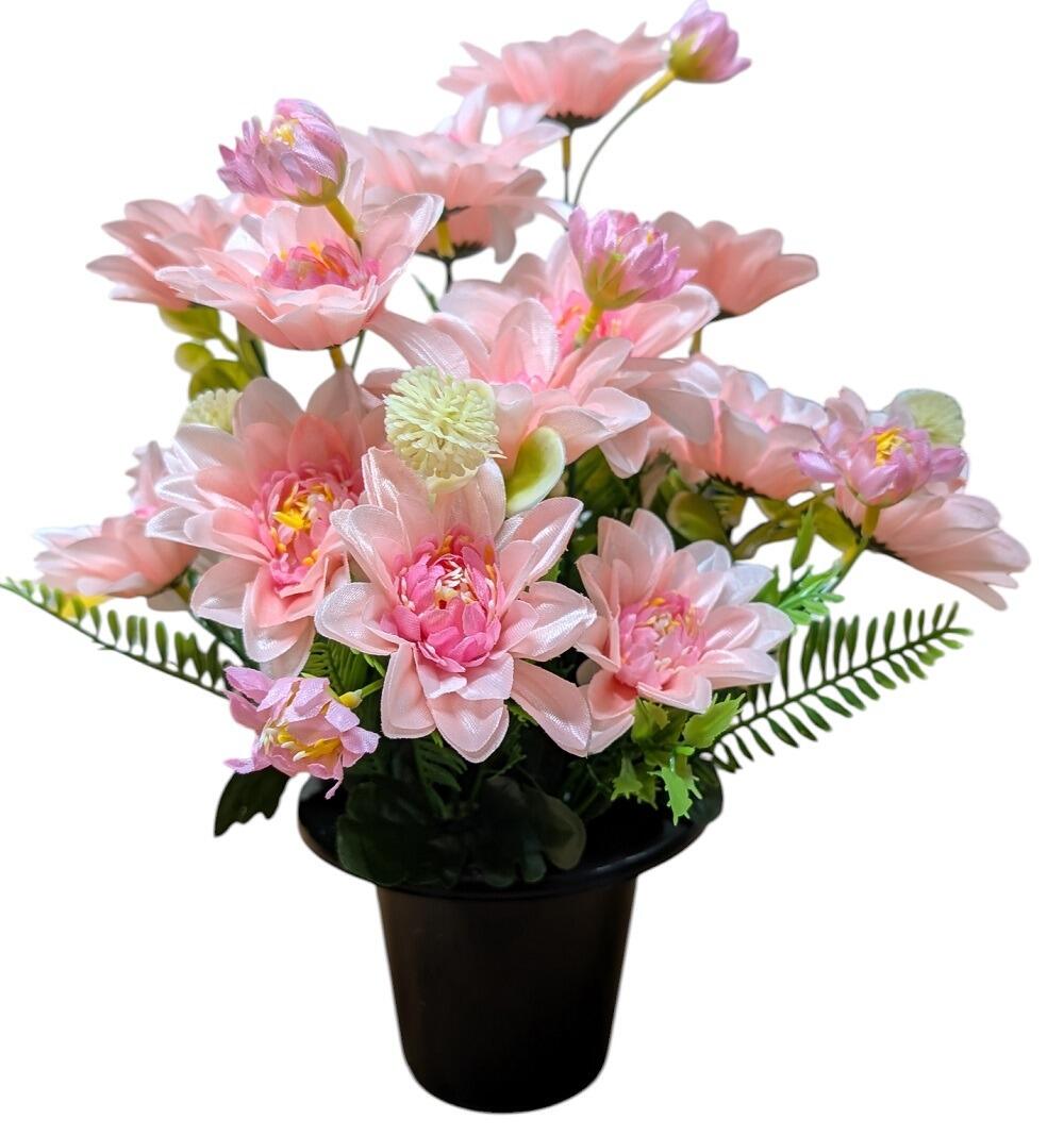 grave pot with flowers pink artificial dahlia