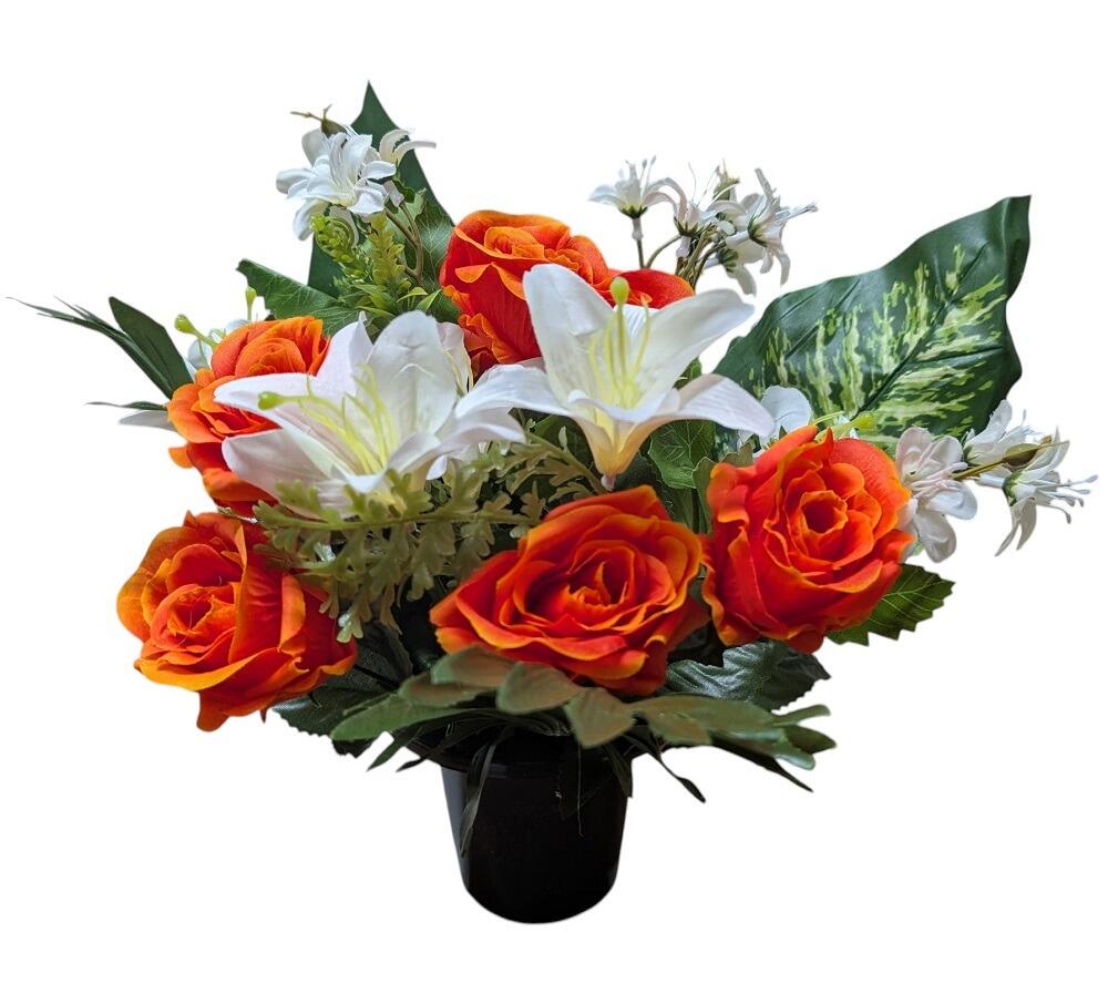 artificial grave flower pot with orange roses