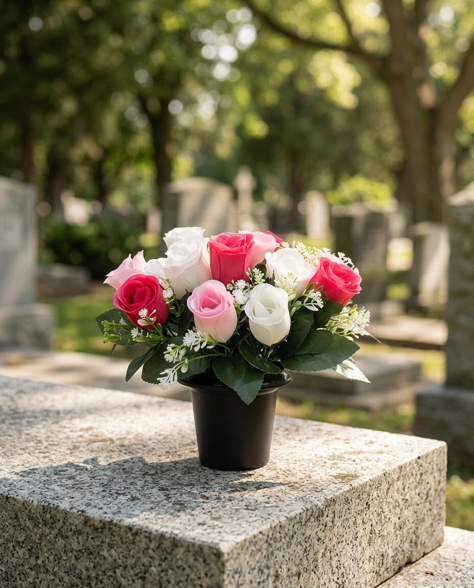 cemetery grave vase pot artificial flowers pink rosebud