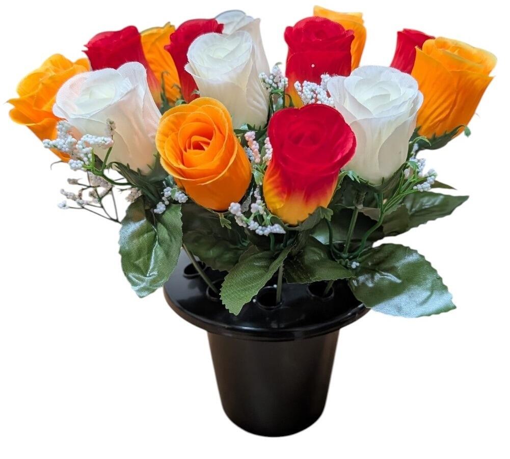 Weighted Grave Flower Vase Pot with Rosebud Artificial Flowers orange red white