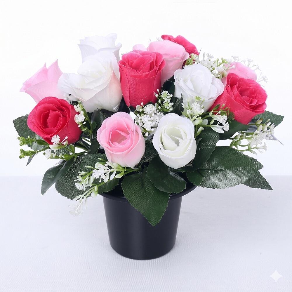 cemetery grave vase pot artificial flowers pink rosebud