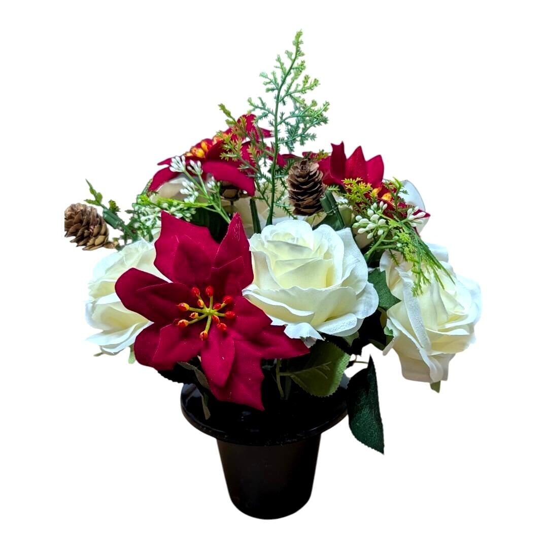Memorial Grave Pot with Artificial Christmas Flowers Red Poinsettia and Ivory Roses
